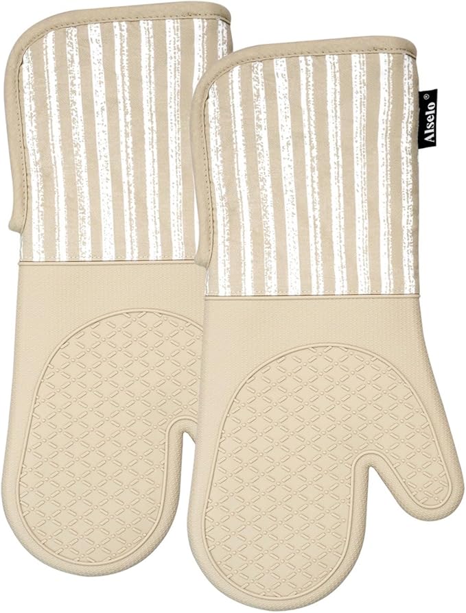 Alselo Silicone Oven Mitts Heat Resistant 932℉ with Waterproof & Non-Slip Kitchen Mittens, Set of 2 Extra Long Oven Gloves with Soft Cotton Terry Lining for Baking Cooking Barbecue (Khaki, 2)