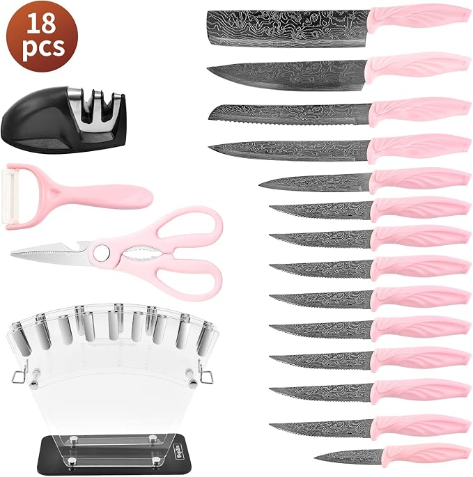 Damascus Knife Set 18Pcs Non Stick Sharp Kitchen Knives Set with Acrylic Block Cutlery Knives Block Set Chef Quality Best Gift Pink Handle