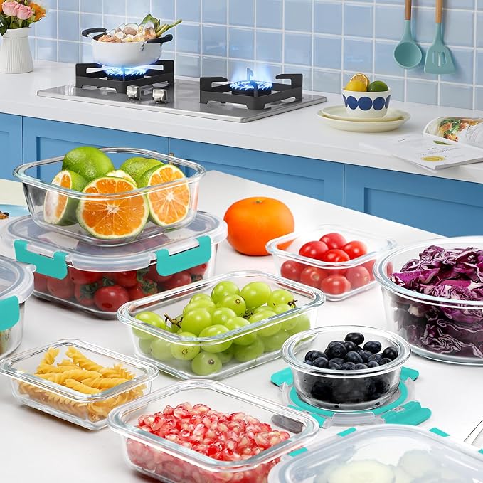 VERONES 30 Pieces Glass Food Storage Containers Set with Lids, Green | Stackable Glass Meal Prep Containers Set with Lids, Airtight Lunch Containers, for Microwave, Oven, Freezer & Dishwasher