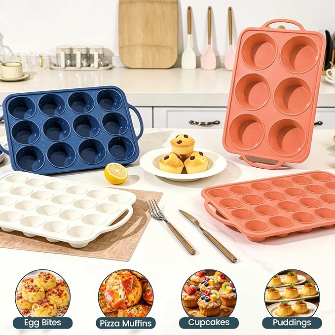 Vinino 24 Cup Silicone Muffin Pan with Metal Reinforced Frame | Nonstick, Food Grade Silicone, Easy Release, Oven Safe, Up To 446°f, Dishwasher Safe, Perfect for Muffins and Cupcakes