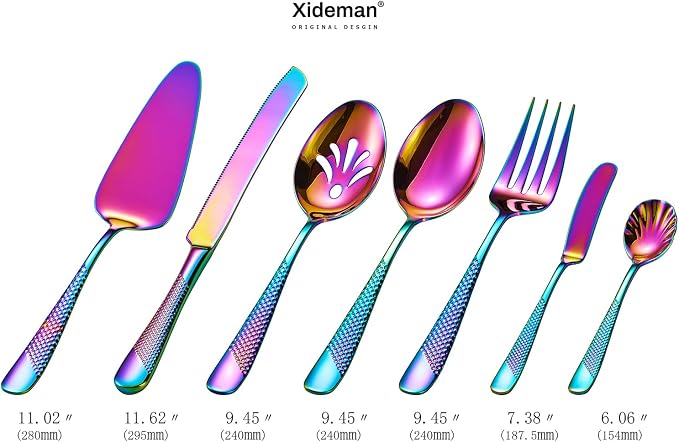 Xideman® 7-Piece Premium Hammered 18/10 Stainless Steel Silverware Serving Utensil Set - Iridescent Hostess Serveware Set with Cake Knife & Cake Server for Parties, Catering, Kitchen, Buffet (Rainbow)