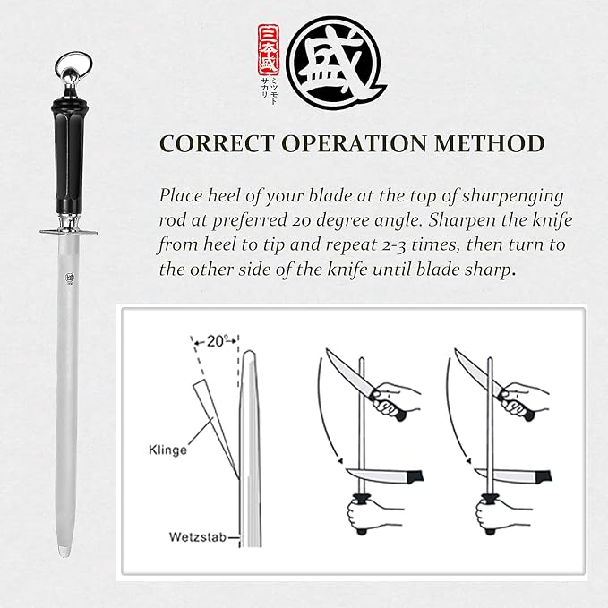 MITSUMOTO SAKARI 12 inch Japanese Honing Steel - Flat Diamond Knife Sharpening Rod, Professional High Carbon Sharpener with ABS Handle & Powerful Magnet | Long flat diamond surface for broader contact, high carbon steel rod, ABS handle and built-in magnet