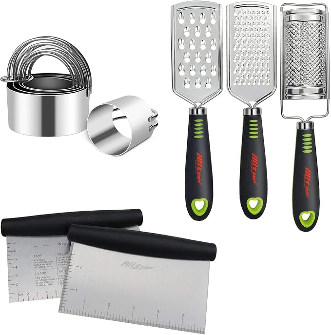 ALLTOP 2Pcs Bench Scraper, 3Pcs Food Graters, 1Pc Pastry Blender & Biscuit Cutter - Stainless Steel Kitchen Tool Set