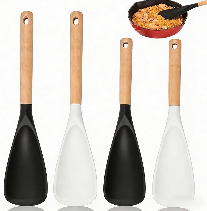 4Pcs Silicone Spatula Set with Wooden Handle, Black White Cooking Spoon Spatula Multipurpose Kitchen Utensils for Mixing, Scraping, Serving, Heat Resistant, Non-Stick Safe, 2 Large 2 Small