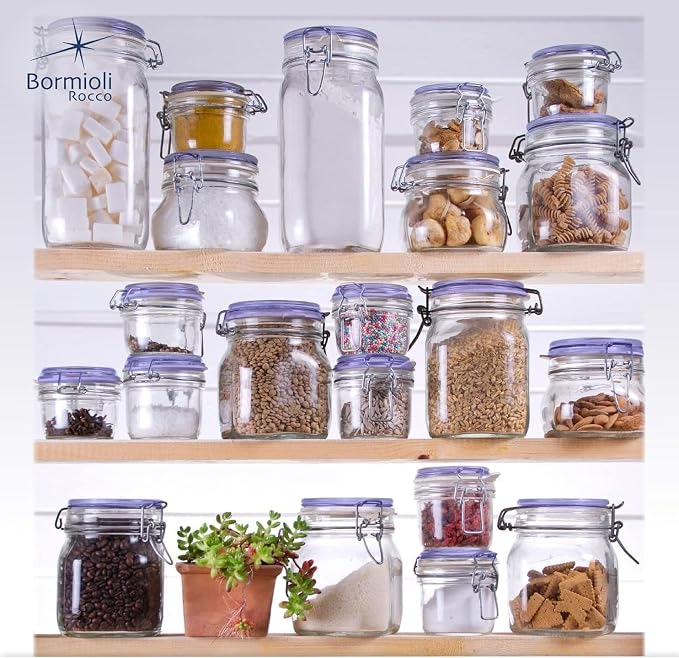 Bormioli Rocco Fido Glass Canning Jar, Airtight Storage Container with Blue Lid - 25.25 oz Clamp Lock Canister for Preserving Foods, Dry Goods & Pantry Organization - Italian Made Glass