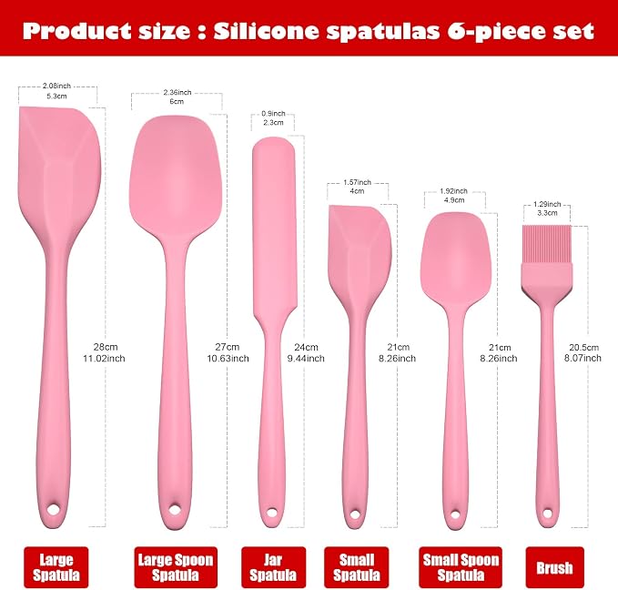 Heat Resistant Silicone Spatulas Set 6pcs, Seamless Design Non-Stick Mixing Spatulas with Stainless Steel Core, Premium BPA-Free Rubber Spatula Baking Cooking Utensile for Home Kitchen BBQ (pink)