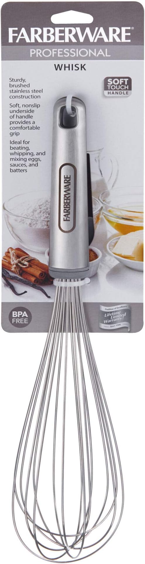 Farberware Pro Stainless Steel Whisk, 13.25 Inches - Soft Grip Handle for Beating Eggs, Whipping Cream, Blending Batters and Sauces, Dishwasher Safe Kitchen Utensil