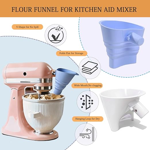 2Pcs Flour Funnel for Kitchen Aid Mixer, Plastic & Silicone Flour Funnel, Stand Mixer Attachment for 4.5–5 Qt Tilt-Head Models(KSM150), Flour & Egg Liquid are Easy to Pour, Dishwasher Safe