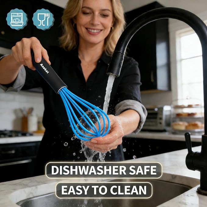 Anaeat Silicone Kitchen Whisk Set of 4, Perfect for Non-Stick Cookware, Milk and Egg Beater Blender for Whisking, Cooking, Baking, Beating - 11'' Flat Whisk and 9''+11''+12'' Balloon Whisks (Blue)