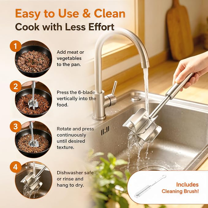 Meat Masher Dishwasher Safe, 304 Stainless Steel Meat Chopper,6-Blade Swirl Ground Beef Smasher,10 Inch Heavy Duty Potato & Hamburger Masher Tool (with Brush)