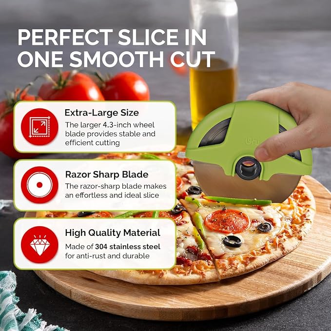 UHIYEE Palm-Grip Pizza Cutter Wheel with Protective Blade Guard, 4.3" Detachable Stainless Steel Pizza Slicer for Deep Dish Crusts, Easy Cleaning, Green
