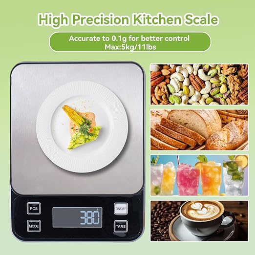IP67 Waterproof Digital Kitchen Scale, 5kg/11lb Capacity with 0.1g Precision, Kitchen Scales for Food,USB Rechargeable Battery & 5 Units Conversion for Cooking, Baking - Food Scale