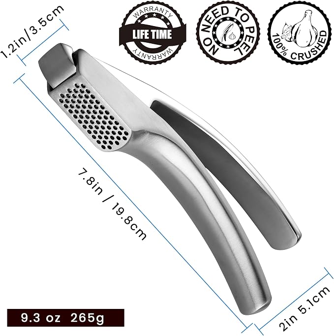 Lifetime Replacement Garlic Press Stainless Steel No Need to Peel, Detachable Handle for Fine Mincing-Premium Garlic Mincer Tool, Rust-Proof, Easy to Clean, Dishwasher Safe Garlic Crusher