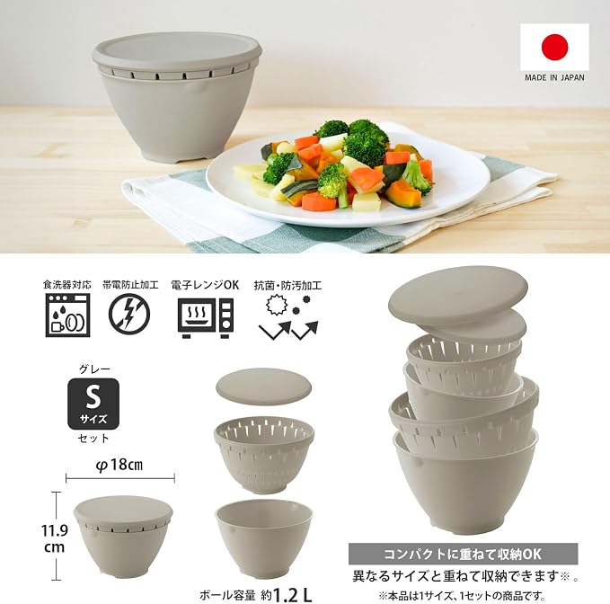 RISU GLIB114 Squirrel N Rivieralista Ball Colander Set S, Gray, Made in Japan, Microwave Safe, 7.1 inches (18 cm)