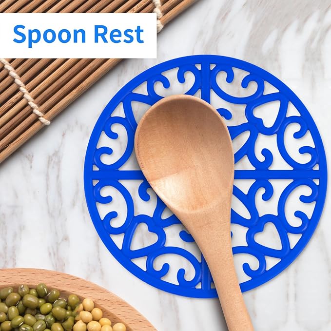 3PCS Heat Resistant Silicone Trivet Mats for Hot Dishes, Blue | Flexible, Non-Slip, Modern Kitchen Trivets Protects Table & Countertop, For Teapots Pans Bowls, Daily Kitchen Use