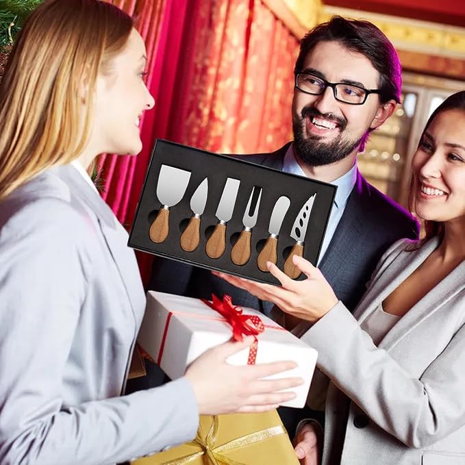 Set of 6 Cheese Knife Set, Cheese Knives Cheese Knife Set Wooden Handle Stainless Steel Cheese Slicer Fork Spreader Cheese Tool for Cheese Butter Pizza Cake
