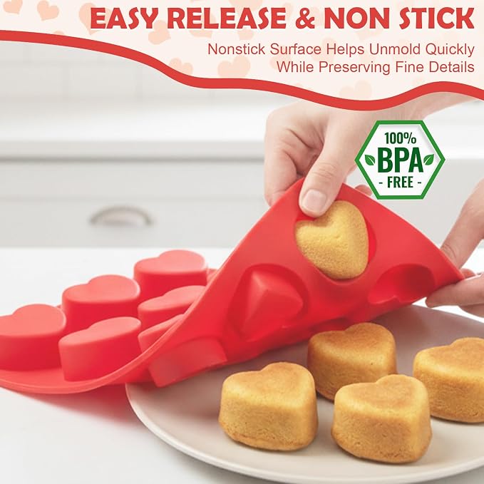 HKNMTT 2Pcs Silicone Heart Molds for Chocolate Muffin 12-Cavity Nonstick | 2.2 Inch,BPA-Free,Oven Safe Mold for Cakes Jello Soap Cupcake Dessert, Valentine's Day