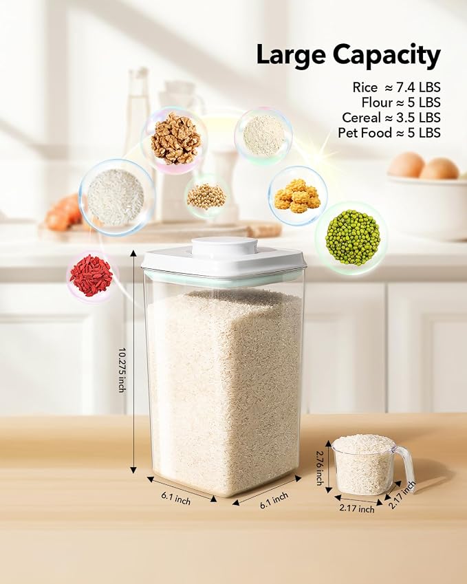 Airtight Food Storage Container with Pop Lid & 130ml Scoop, 4L/4.2qt *2 BPA-Free Cereal, Rice, Flour, Pasta & Snack Container, Stackable & Durable,Kitchen Pantry Organizer