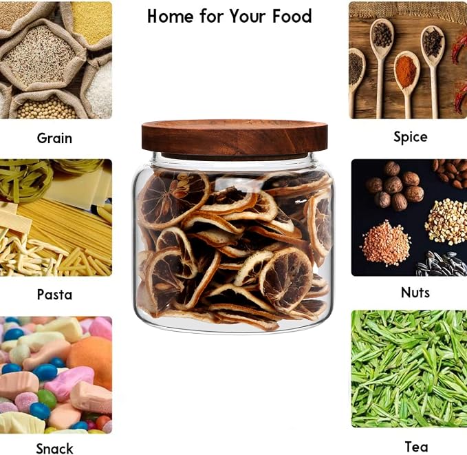 33oz 4pack Glass Food Storage jars with Wooden Lids,Glass Canisters | Glass Pantry Storage Containers Sets for Sugar,Tea,Coffee,Snack,Spice,Herbs,Cookie