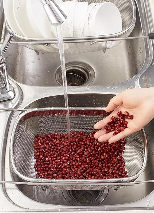 Fine Mesh Colander Over The Sink 6 Quart Stainless Steel Strainer Basket | Expandable Rubber Grip Handles - Strain, Drain, Rinse Fruits, Vegetables