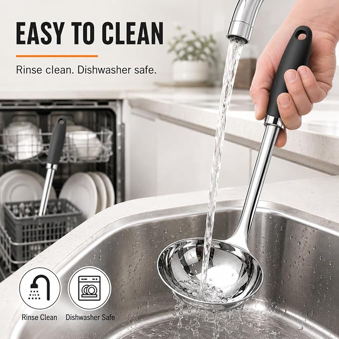 Stainless Steel Soup Ladle, 12 Inch Metal Ladle Spoon with Ergonomic Handle for Soup, Stew, Sauce, Chili, Gravy and Serving, Dishwasher Safe