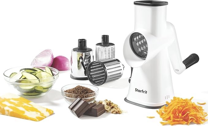 Starfrit Rotary Drum Grater, 4 Stainless Steel Drums, Slicer & Grater | 4 stainless steel drums. Slice, grate and shave ice. Easy hand crank. Strong suction base. Easy to clean.