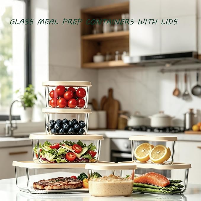 KEMETHY 7 Pack Glass Food Storage Containers with Lids,Stackable BPA Free Glass Meal Prep Containers,Glass Lunch Containers with Lids for Kitchen Storage and Organization- Baking, Microwave, Oven