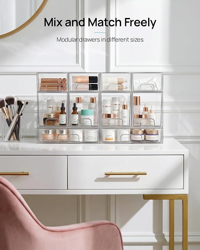 Vtopmart 12 Pack Small Clear Stackable Storage Drawers | Plastic Bins, Bathroom Makeup Organizer, For Vanity, Undersink, Kitchen Cabinets, Pantry, Home Organization