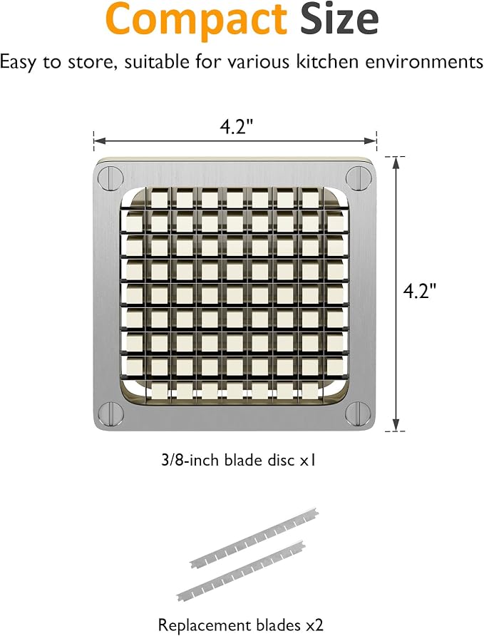 Sunvivi 3/8inch Replacement Chopper Blade,Silver Commercial Vegetable Chopper Dicer with Stainless Steel Blade and Pusher Block, Blade for Fruit Cutting Machine Tomato onion French Fries Cutter