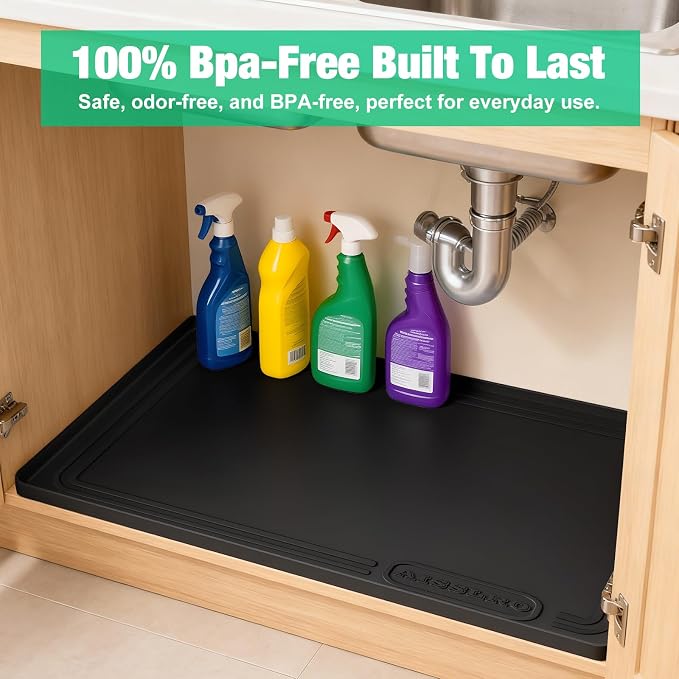 Under Sink Mat 22 X 19, Waterproof Silicone Cabinet Kitchen Liner, Black | BPA-Free Raised-Edge Cabinet Protector & Leak Tray for Bathroom Cabinets, Boots, Pet Feeding Dog & Cat Mats, Dishwasher Safe