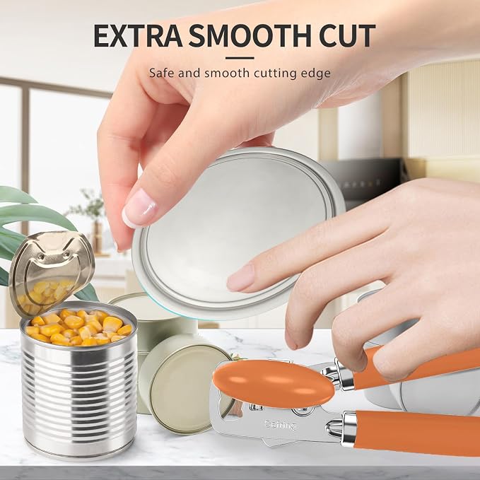 Safring Can Opener Manual, Heavy Duty Stainless Steel Smooth Edge Can Opener With Soft Touch Handle, Oversized Handheld Easy Turn Knob, Multi-Function Bottle Opener, Orange