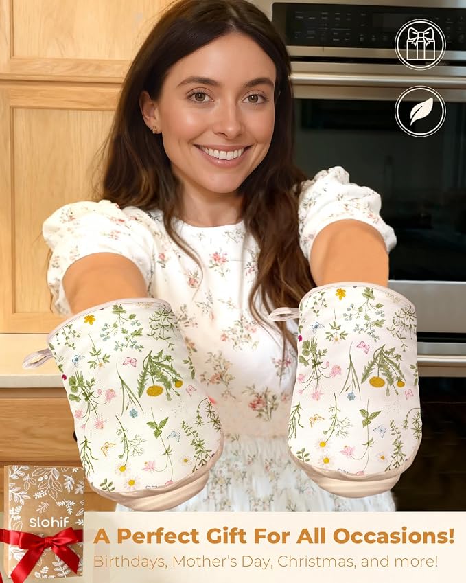 Slohif Mini Oven Mitts Set – Extended Short Heat Resistant Kitchen Gloves for Women, 100% Cotton Oven Mitts with Silicone Grips, Non-Slip and Thick Durable for Cooking & Baking,White
