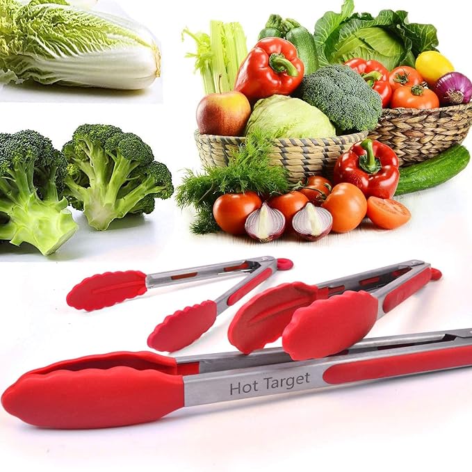 Set of 3 (7, 9, 12 inches) Kitchen Tongs for Cooking - Heavy Duty & Non-Stick with Stainless Steel - Kitchen Tongs with Silicone Tips - Heat Resistant Long Food Tongs for Grilling BBQ - Red