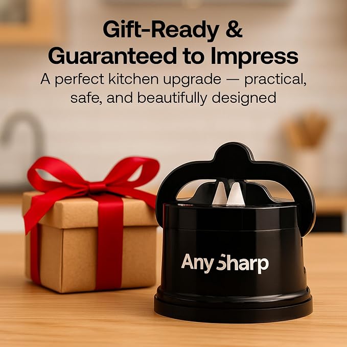 AnySharp – Pro – Hands Free Knife Sharpener - Easy to Use Sharpening Tool with PowerGrip Suction Base and 20-Degree Pre-Set Angle - for All Knives: Chef's, Serrated, and Hardened Steel - Matte Red