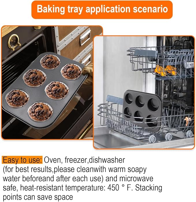 2 Packs Round Muffin Baking Pan, Premium Steel Muffin Pan for Baking, Cupcake Tin Cheesecake Pans, Bakeware Muffin Top Pan (6 Cups,Black)