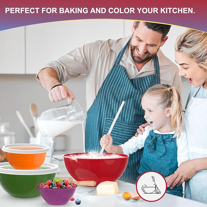 Greentainer Plastic Mixing Bowls with Lids Set for Kitchen, 6 Set Nesting Bowls for Mixing, Baking, Prepping, Cooking and Serving Food, Mixing Bowls Dishwasher, Microwave Safe
