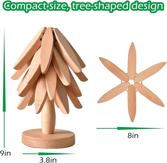 Premium Wooden Trivets Set of 4 - Auto Unfold Tree Design Hot Pot Holders & Countertop Protectors | Walnut Wood
