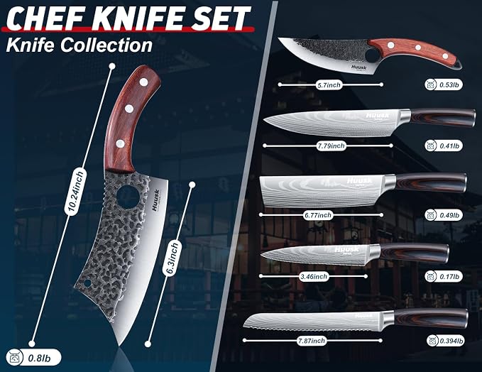 Huusk Japanese Kitchen Knife Set 6pcs with Gift Box, Butcher Knife Set for Meat Cutting, Cooking Knives with Meat Cleaver, Chef Knives Professional, Cool Mens Gift
