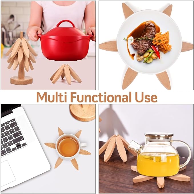 Wooden Cup Coaster Set,Tree Shape Trivet Set,Tree Coasters- 4 Wooden Trivets + 1 Stand stored for hot Dish/Pot/Bowl/teapot/hot Pot Set