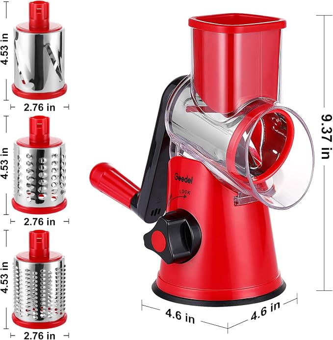 Geedel Rotary Cheese Grater, Kitchen Mandoline Vegetable Slicer with 3 Interchangeable Blades, Easy to Clean Rotary Grater Slicer for Cheese, Vegetables, Nuts