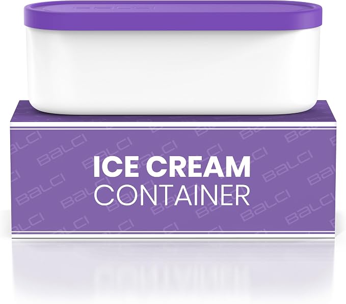 BALCI - Ice Cream Container - 2 Quart - Perfect Reusable Freezer Storage for Homemade Ice Cream Tubs for Sorbet, Frozen Yogurt and Gelato! - Flexible Silicone Lids, Long Scoop, Stackable - Purple