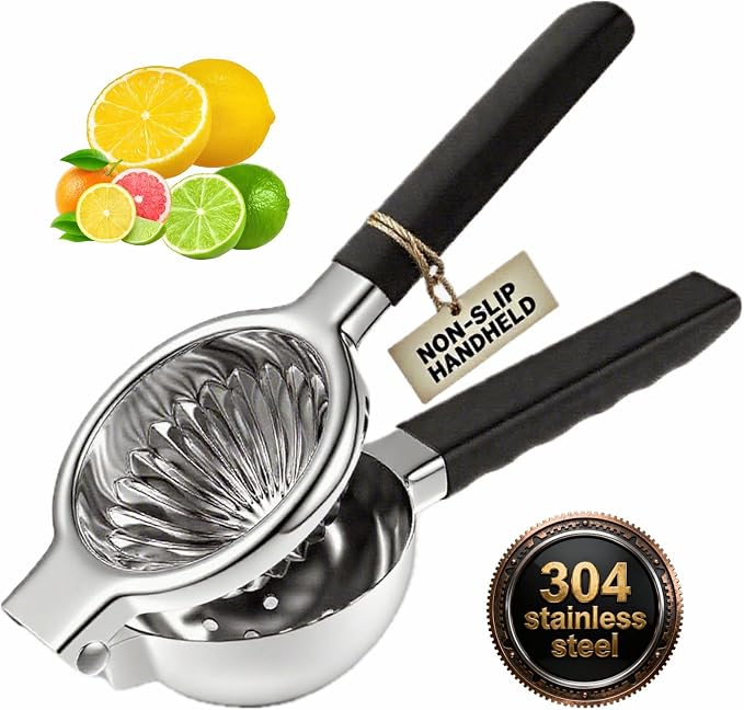 Stainless Steel Lemon Squeezer, Manual Citrus Juicer with Non-Slip Handles, 304 Grade Steel Large Manual Lemon Press Juicer, Ergonomic Design Handheld Lime Squeezer Fruit Juicer