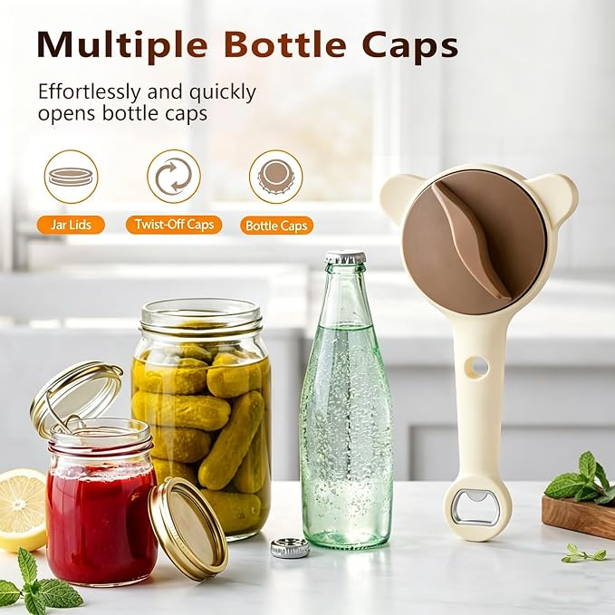 Adjustable Jar Opener with 3-Claw Grip and Bottle Opener | Plastic body,metal contact teeth,adjustable three-point grip,long lever handle,built-in bottle-cap opener,1piece