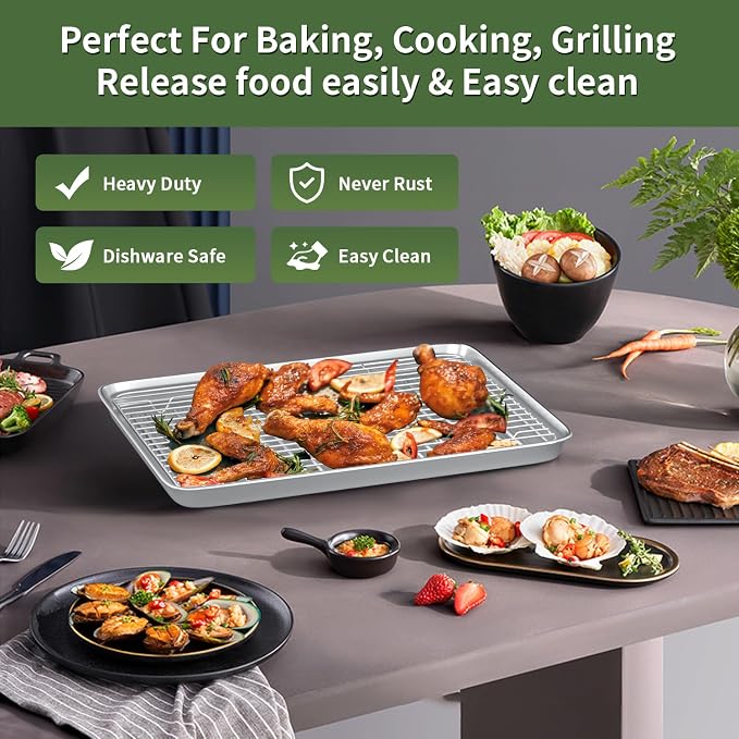 Baking Sheet with Cooling Wire Rack Set - Stainless Steel Baking Sheet Pan | 3 Pans + 3 Racks with Nonstick, Warp Resistant, Heavy Duty Design for Baking, Roasting, and Cooking
