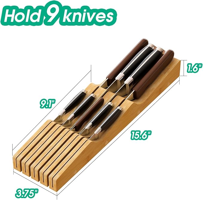 Knife Drawer Organizer, Bamboo Wood In-Drawer Knife Block, Knife Organizer Holds Up To 9 Knives