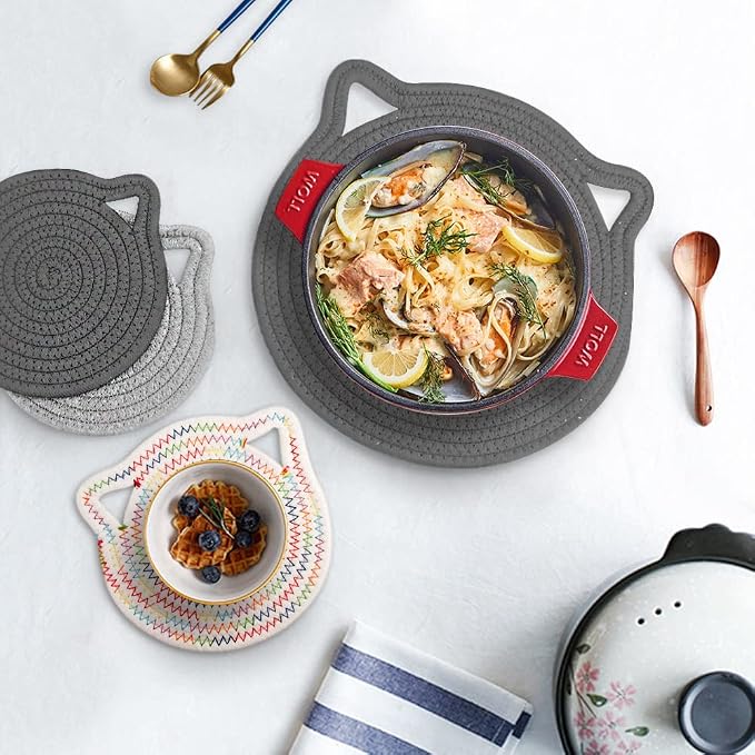 12" Pure Cotton Trivets Set with 0.35" Thick (3 Pcs, Grey) | Tightly Woven, Machine Washable, Heat Resistant, Large, Cute Cat Kitchen Accessories for Hot Dishes Pots Pans, Decor, Gift