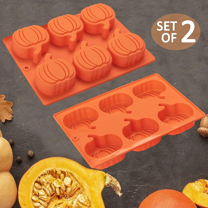 Silicone Pumpkin Molds, 2 Pack Pumpkin-Shaped Cake Molds Thanksgiving Cookie Molds Muffin Cupcake Pan Hot Chocolate Bomb Mold for Halloween Thanksgiving Fall Baking and Wax Melts Soap Making