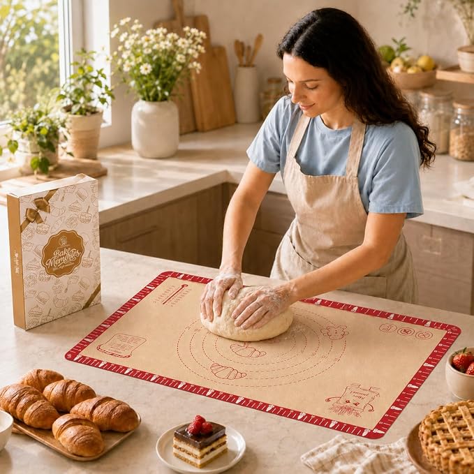 Extra Thick Silicone Baking Mat with Recipes - 26x16 inch Non Stick Pastry Mat with Measurements for Sourdough, Macarons, Bread, Pizza, Dough Rolling, Kneading, Heat Resistant to 480ยฐF Gift for Baker