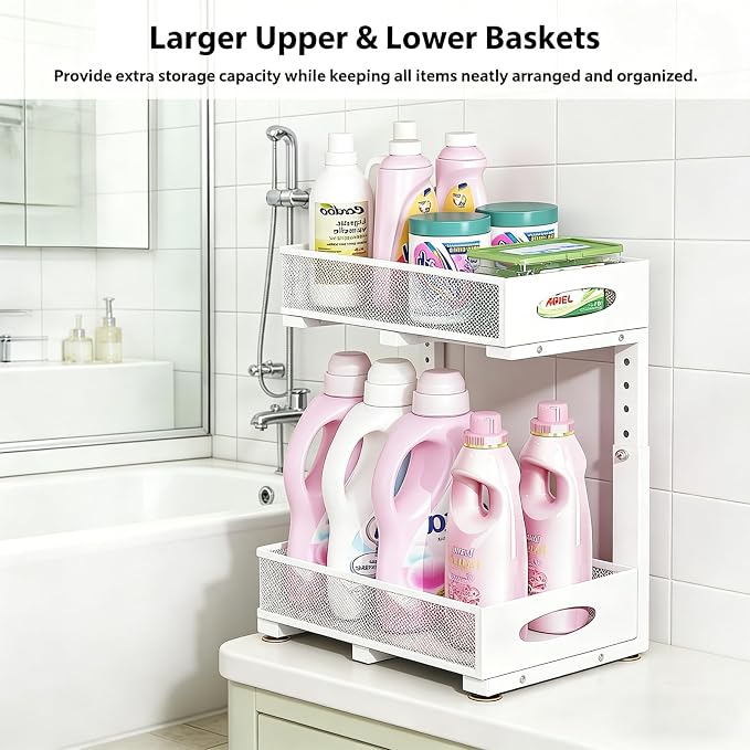 2 Pack Under Sink Organizer, 2-Tier Pull Out Kitchen Cabinet Organizer, Height Adjustable Metal Slide Out Bathroom Organizers and Storage Makeup Drawer Organizer for Office Bedroom(A-White, 2Pack)