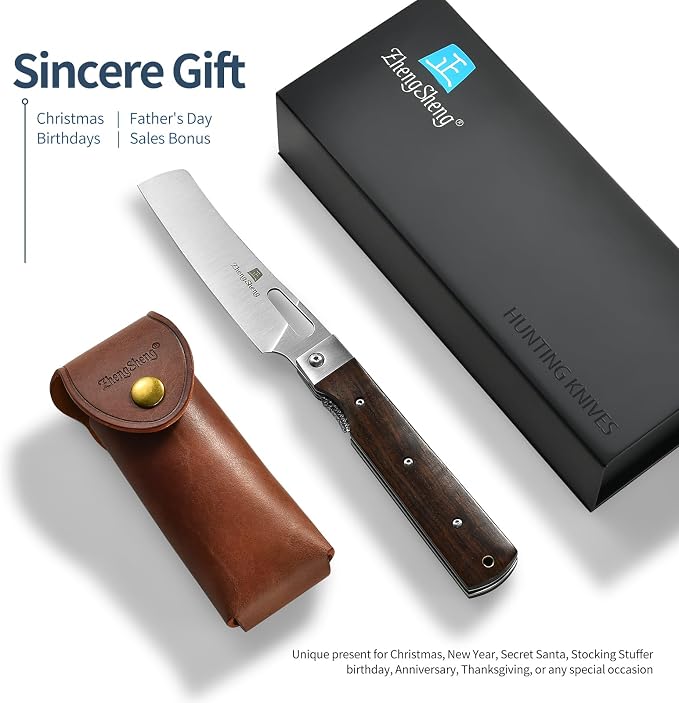 ZhengSheng Folding Chef Knife with Leather Pouch 4.8" Sharp 440A Stainless Steel Blade Wooden Handle Pocket Foldable Japanese Style Kitchen Knife for Outdoor Camping Cooking.